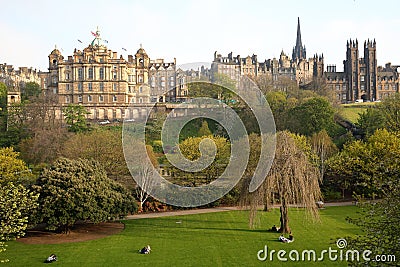 EDINBURGH, SCOTLAND â€“ MAY 8, 2016Â : View of Princes Street Gardens with spring colors The Assembly Hall in background Editorial Stock Photo